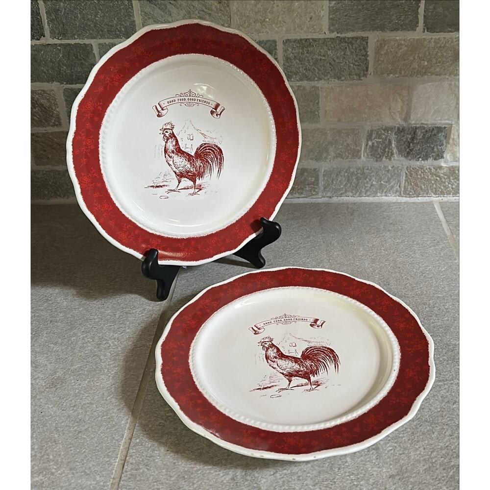 2 Country Living Red Friends Rooster Salad Plates 9"